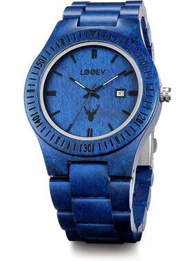 Men's Blue Sandalwood Japanese Quartz Analog Unisex Round Wrist Wooden Watch